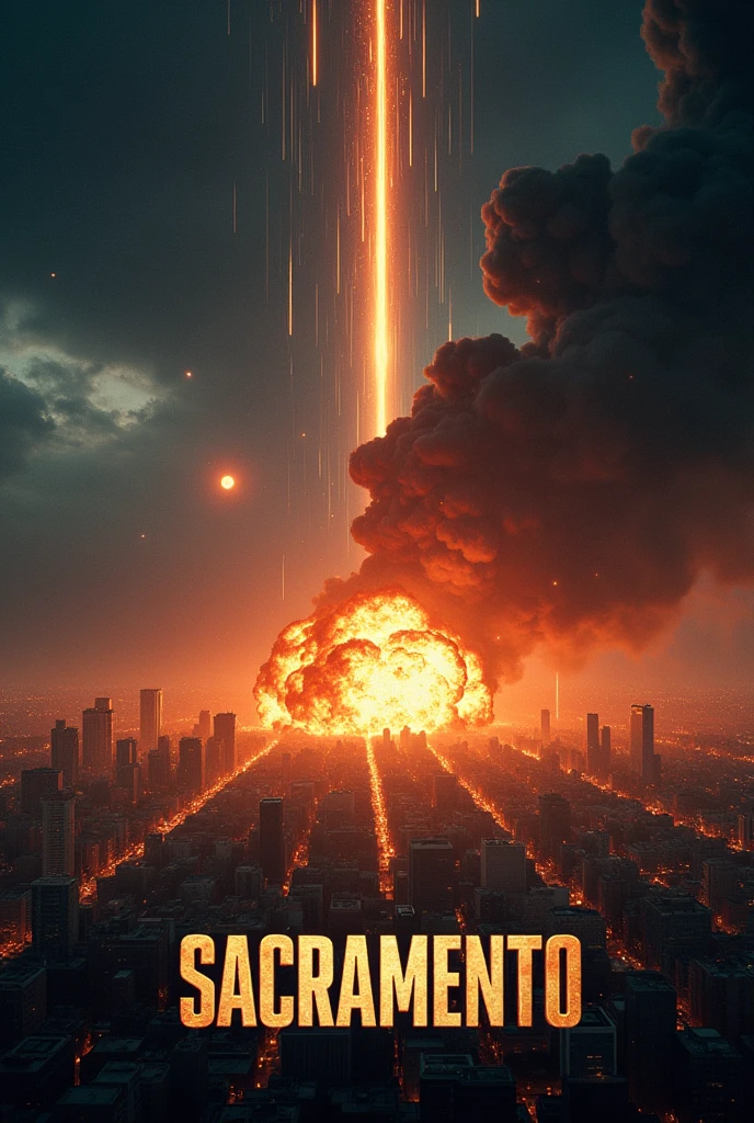 The words "SACRAMENTO" written in large letters at the bottom of the screen, ((masterpiece, highest quality, Highest image quality, High resolution, photorealistic, Raw photo, 8K)), ((Extremely detailed CG unified 8k wallpaper)), Disaster movie poster, meteorites raining down on a city at night, a huge explosion, a huge fire, black smoke lit by flames, a devastating catastrophe,