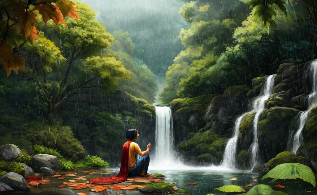 A  person meditating under a big leaf raining weather beautiful landscape water fall animals calmly looking at him 