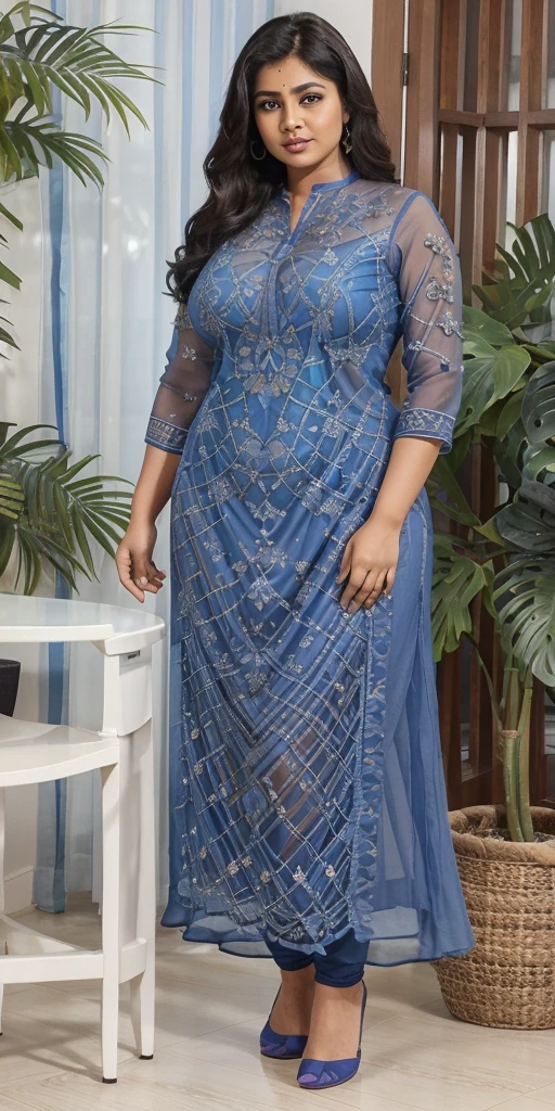 Day scene, A radiant, full-figured South Indian 3 aunty a navy blue colour chiffon fully transparent kurta, bra visible through kurta, ,standing, in a office captured in a full-body image with vibrant hues and meticulous details. Full body image