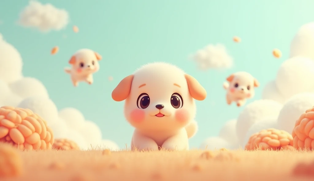 3d, Simple and cute, with gentle colors like a picture book , 8k, Highest quality,cute,Big anime eyes,Cute puppies float by from the horizon,mascot
