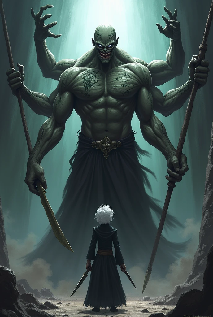 It has four arms and four eyes、A vile and overwhelming evil、A muscular sorcerer with markings all over his body, carrying a spear and knife-like object in his hands.。Looks human。And the flesh-colored one is cutting a white-haired sorcerer named Gojo Satoru in half.。