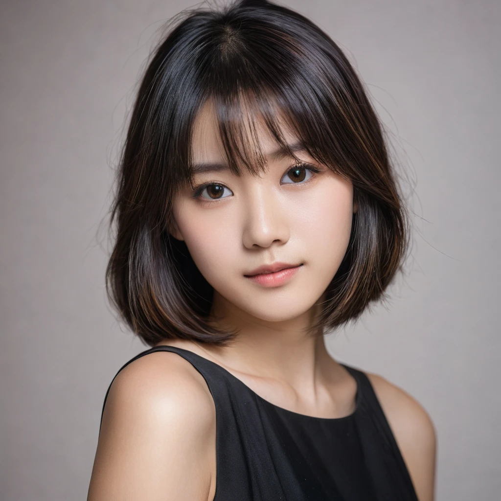 Yui, photo of female, age 15 year, black shoulder length hair with brown highlights; (dslr, ultra quality, film grain, Fujifilm XT3, crystal clear, 8K UHD, highly detailed glossy eyes, high detailed skin, skin pores), wear black dress