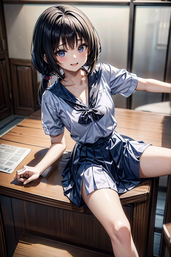 A Thai high school girl in an anime style with long ponytails sits on a sofa holding a microphone and sings in a narrow karaoke room, while smiling playfully. The room is dark and dim. Renaissance, anime style, drop shadow, anatomically correct, best quality, UHD, masterpiece, anatomically correct, best quality