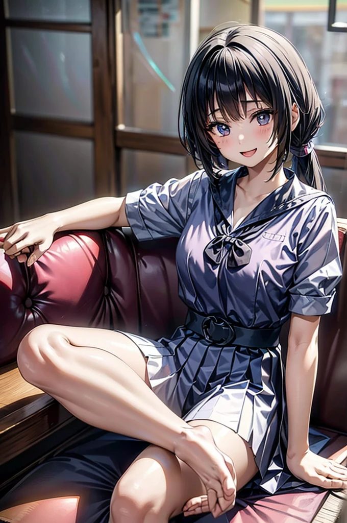 A Thai high school girl in an anime style with long ponytails sits on a sofa holding a microphone and sings in a narrow karaoke room, while smiling playfully. The room is dark and dim. Renaissance, anime style, drop shadow, anatomically correct, best quality, UHD, masterpiece, anatomically correct, best quality