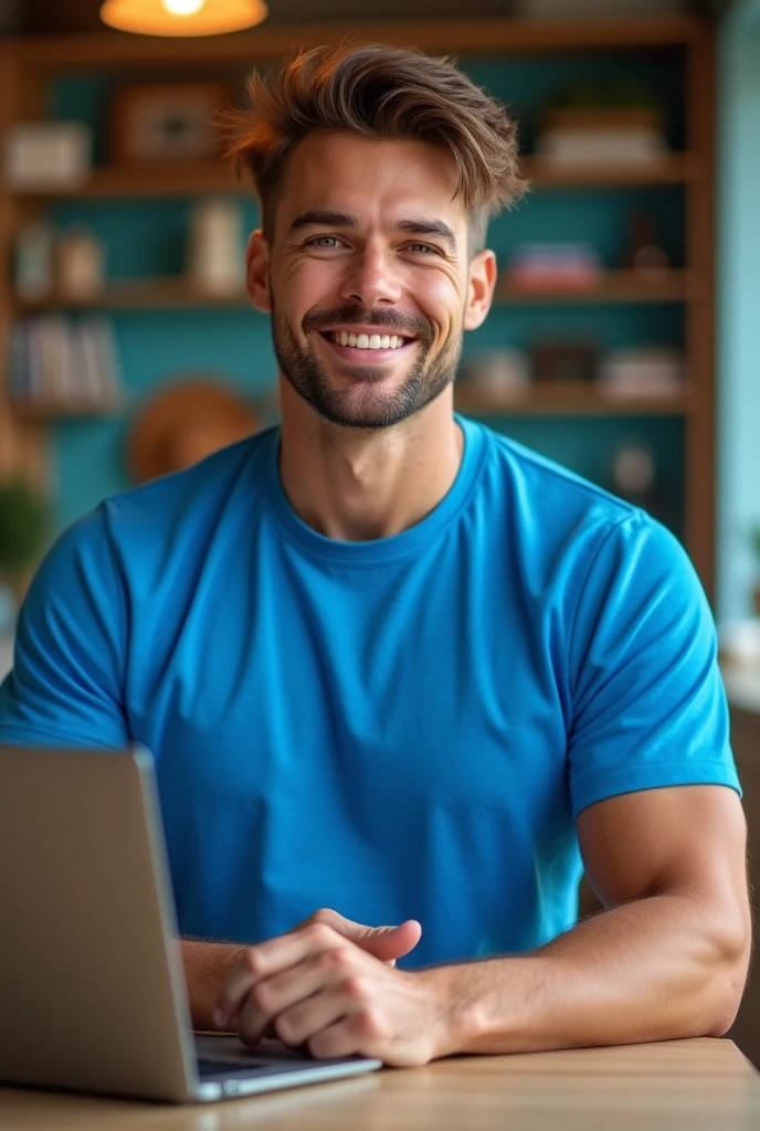 A man , cute face , smart ,blue t shirt and , table laptop,bodybuilder , cricket studio,face front