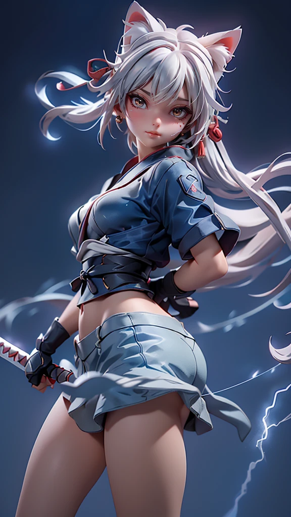 Moisturized Skin, (Red eyes), Realistic body, (Adult female body), Energetic, (), (),3DCG, front, Low - Angle, 
break,
Bright red lipstick, (Beautiful belly button), (Silver Hair), ((Cat ear)), Beautiful Hair, (Hatake Kakashi's clothes: 1.3),
break,
((masterpiece + Highest quality + High resolution + Very detailed)), (whole body: 1.2), Symmetric, One shot,
break,
(Electric shock), (The wind is blowing), (Blue Lightning), (Combat Ready: 1.4),
break,
((Big Japan sword)), Swinging a sword, Afterimage, Ninja, In the mansion, assassination, cut, Fantasy, dynamic,