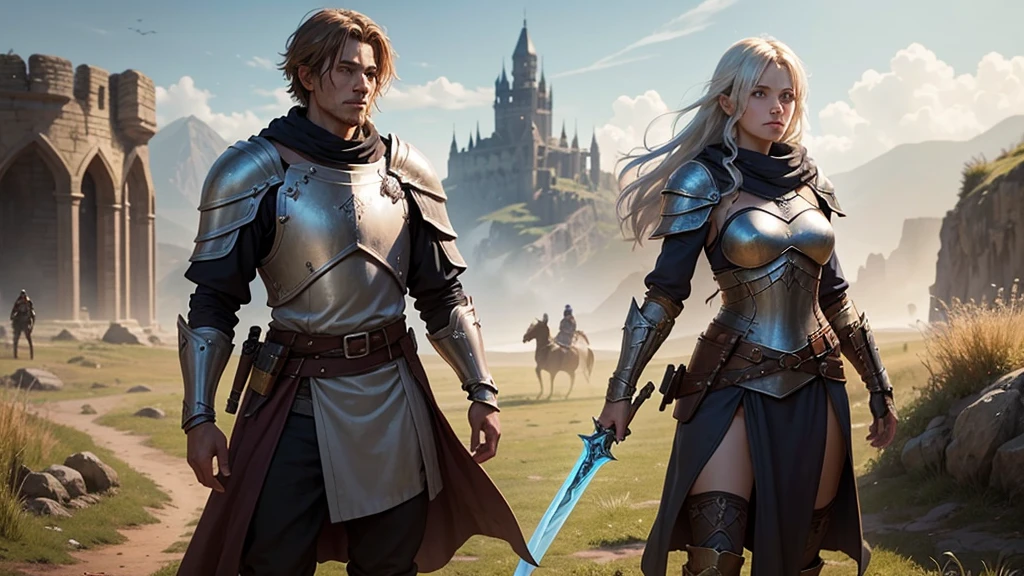 need one character in a picture from a game in the genre mmo rpg related to the world of sword and magic, the character must be a knight in old dirty armor but at the same time inspiring confidence and strength, against the backdrop of peacetime somewhere in the field