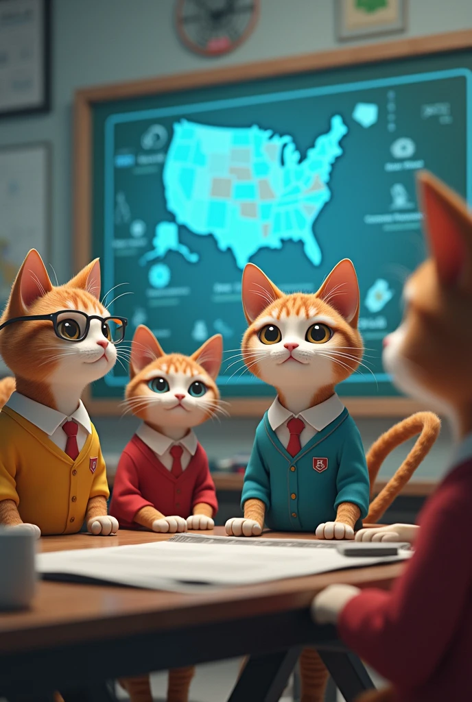A group of anthropomorphic cats are in class, learning how to use AI