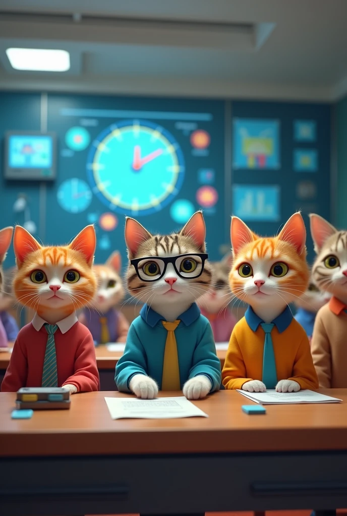 A group of anthropomorphic cats are in class, learning how to use AI