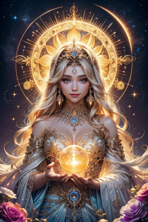 A light orb with magician circle around the orb, hand, many shining butterfly, beautiful smile, sparkle sky, shining, gust of wind, light bright flowers, sun and moon, dark light of fantastic and cosmological with universal. Amazing view very bright and warm starry. Detail, HD, Dynamic, Enchanted. Multiple colours. Beautiful perfect face and anatomy. Amazing bright dress. Very epic and bright, best pose. A goddess. Golden shining accessories. Cute. Split up sky.
