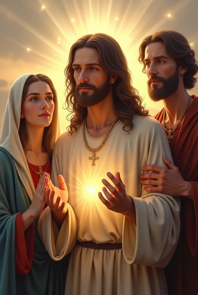 (photorealism:1.2) Jesus the divine mercy with mother Mary and joseph