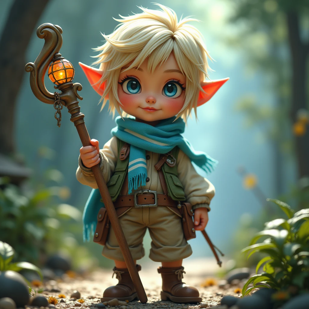 (best quality,4k,8k,highres,masterpiece:1.2),ultra-detailed, female gnome, short blond hair, blue eyes, light blue scarf with white stripes, khaki cargo shorts, green vest, wielding an orbstaff, RPGGnome, short girl, small girl, HDR, 8k, absurdres, cinestill 800, sharp focus, add_detail:2, (solo, woman)