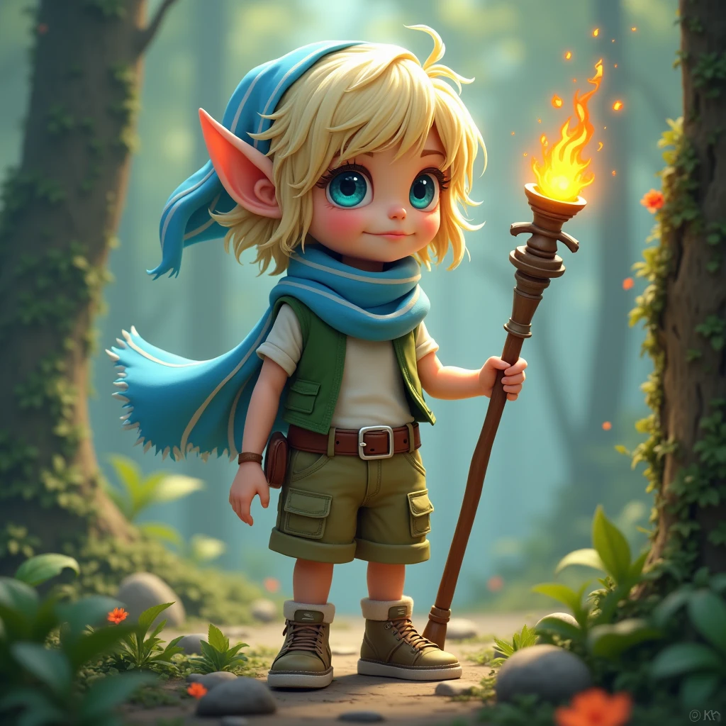 (best quality,4k,8k,highres,masterpiece:1.2),ultra-detailed, female gnome, short blond hair, blue eyes, light blue scarf with white stripes, khaki cargo shorts, green vest, wielding an orbstaff, RPGGnome, short girl, small girl, HDR, 8k, absurdres, cinestill 800, sharp focus, add_detail:2, (solo, woman)

