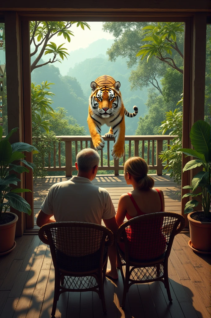 Man and woman seat in their Balcony and tiger came to and The man Have Pistol to Kill tiger