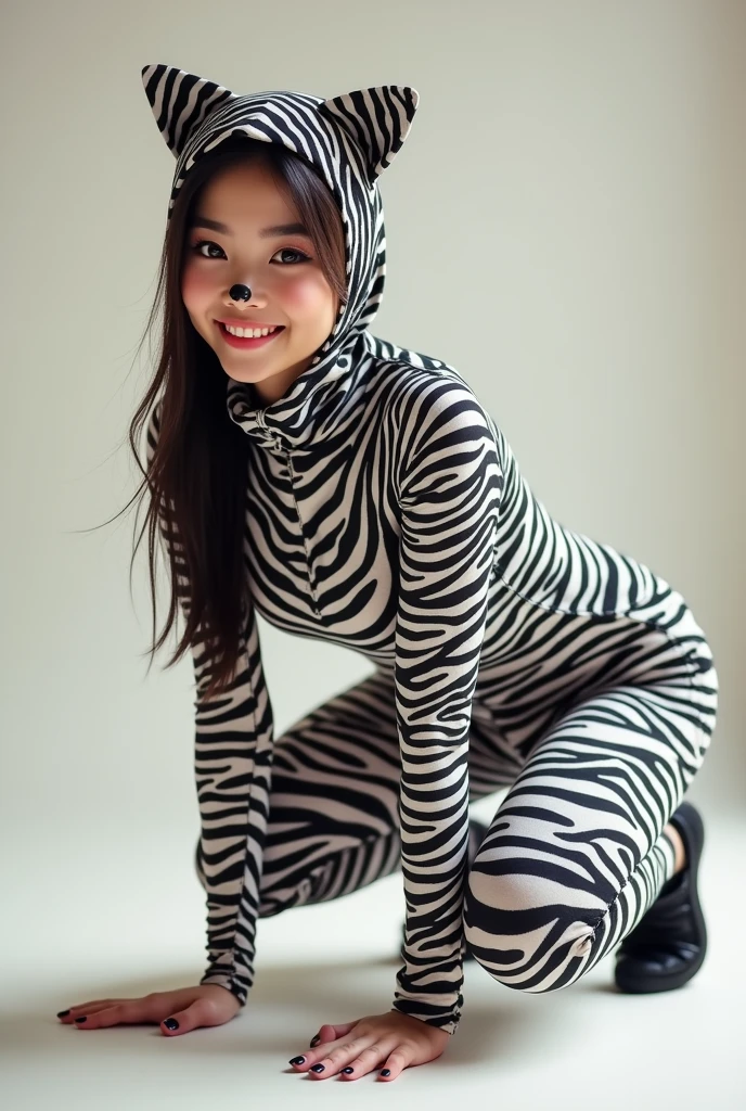 The beautiful Chinese asian adult girl with beautiful cheeks wears zebra print lycra turtleneck unitard catsuit covered with stripes and zebra print lycra elastane stretchy dancewear hijab-like 100% stretchy zentai hood.She is happy to crawl.She always put fake cat whsikers and nose that are made of black makeup marker pen.