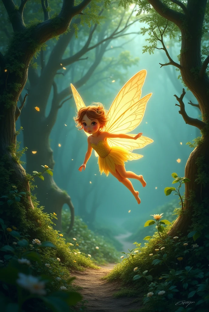 In the heart of the mystical forest, where magic flourishes, fly a fairy with a glow that illuminates even the darkest corners.