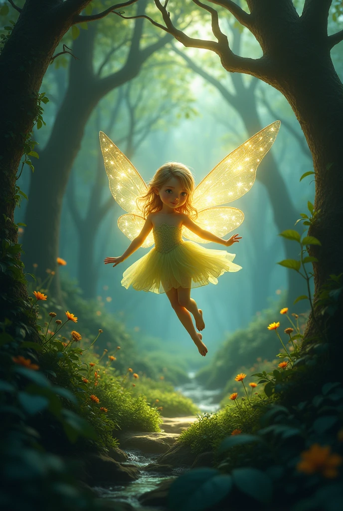 In the heart of the mystical forest, where magic flourishes, fly a fairy with a glow that illuminates even the darkest corners.