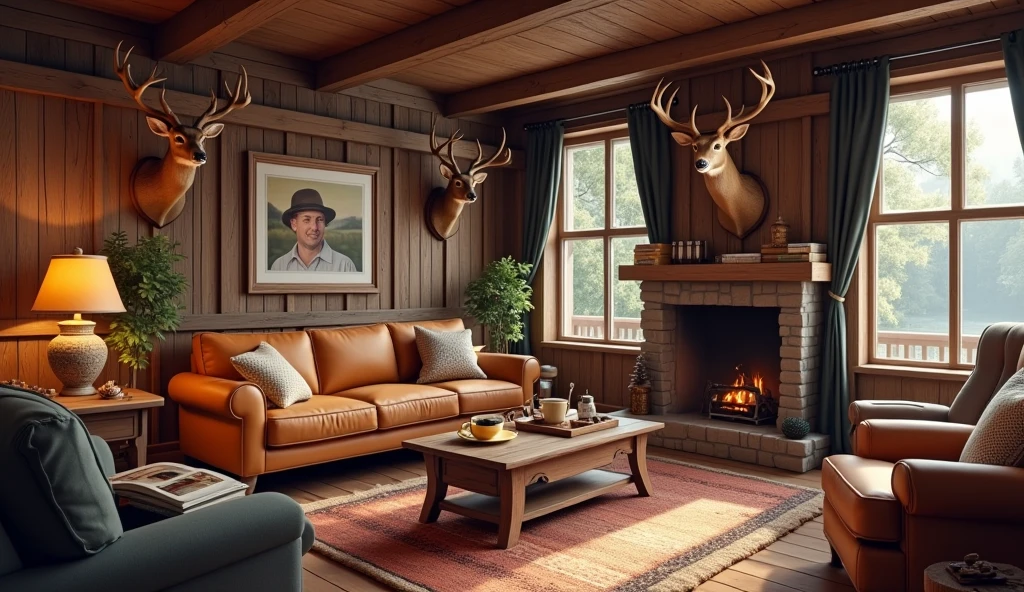 traveller's lodge, living room interior design, cozy sofa, deer head decorations, hunter's gun, warm coffee on table and cookies