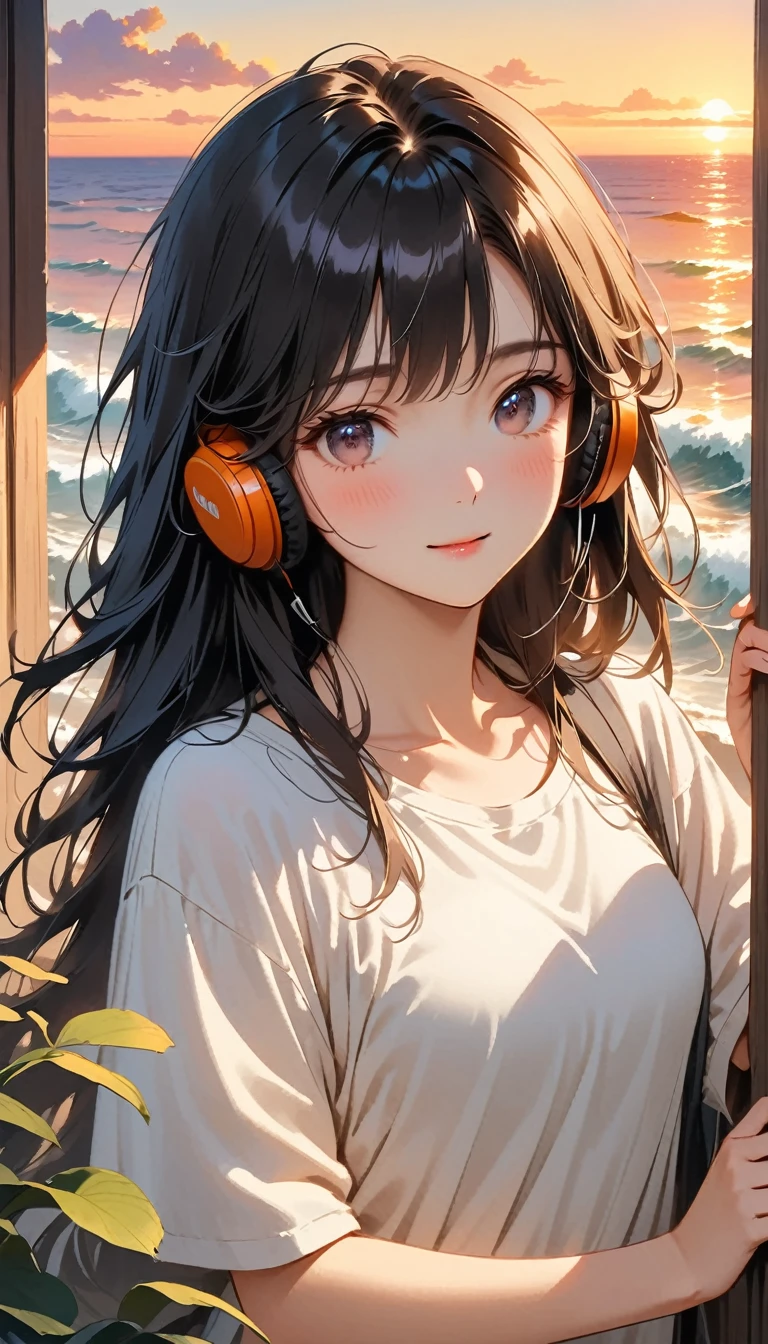 「A girl sitting by a window overlooking the sunset and waves。She puts on headphones、Wearing a T-shirt、Drinking coffee while feeling sleepy。The soft light of the setting sun gently illuminates her face、The shadows add a light accent to the cheeks.。Her eyes are half closed、With a gentle smile、It creates a relaxed atmosphere。Immersed in music、A pleasant breeze gently sways my hair、Outside the window, you can see the beautiful purple and orange gradation of the sunset and the waves.、Ghibli-style scenery spreads out before you。」