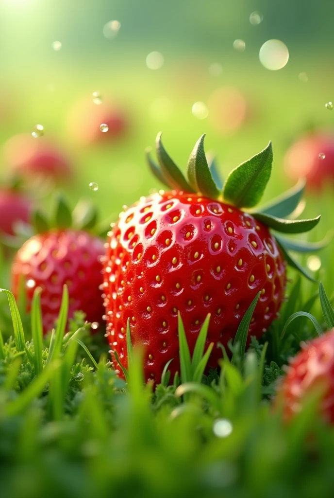 Aeriel view of Fresh strawberries with water droplets in a clear water 3d and cartoonish. Backgrouns should be lime green grass