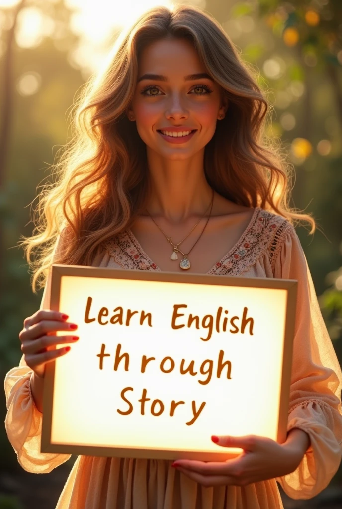 Beautiful girl with heart-warming smile and wavy long hair, bohemian dress, holding a white board with text "learn English Through Story" and showing it to the viewer, the board is glowing with a the text.
