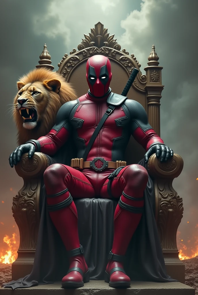 Dead pool sitting throne in smoking background standing lion