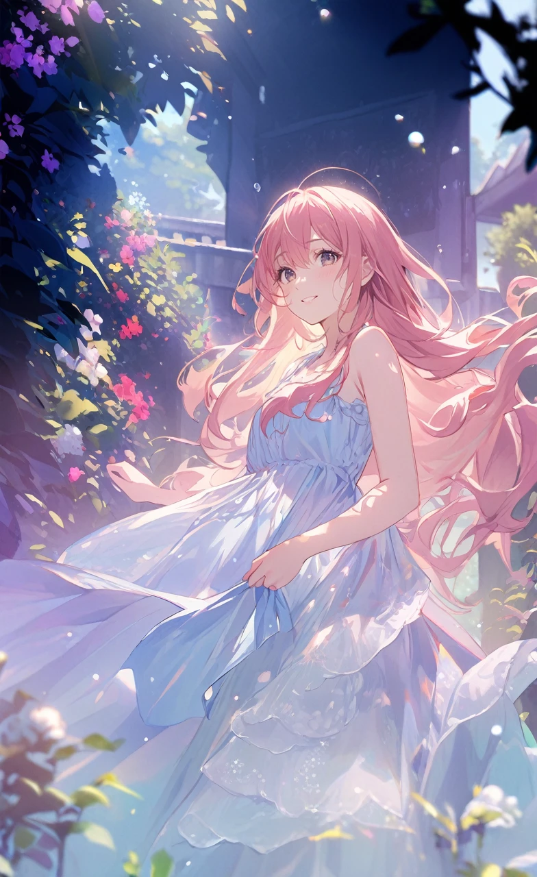 (Highest quality,High resolution:1.2), Vibrant colors, garden, sunny day, summer, Bright atmosphere, One girl, Beautiful attention to detail, Long eyelashes, ((Drop your eyes, Happy expression)), Flowing Hair, summer色のドレス, long hair, Cowboy Shot