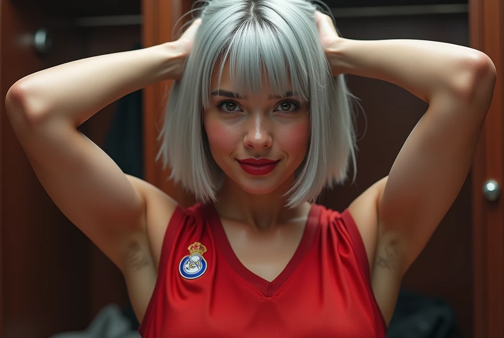 High resolution 8K, armpit pose, armpit, armpit, Light that illuminates the armpits., masterpiece, Superior image quality, High resolution, Under the armpits:1.5, Under the armpits viscosas, Alone, (covered nipples:0.8), Deep red jersey, short bob hairstyle, silver hair, locker room, dressing room, not good, Upper body only, armpit Light, a smile, a slight smile, Brown eyes, Detailed wrinkles in the armpits., realistic armpit, wet armpits, Shiny armpits, armpits brillantes aceitadas, Stand directly towards us, raise both hands, sweaty face, red lipsticks, Athletics Stadium locker room, I&#39;m looking at the armpits, The navel is visible, (Natural skin texture Vibrant details, Hyper realistic)