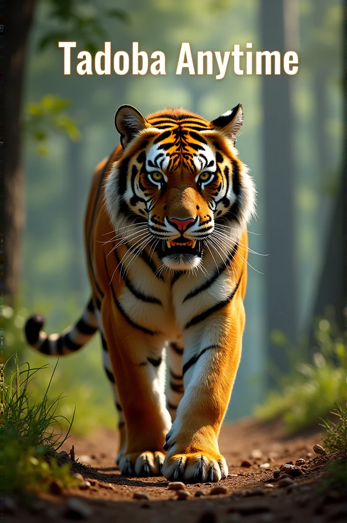 A tiger image with Tadoba anytime writing in it 