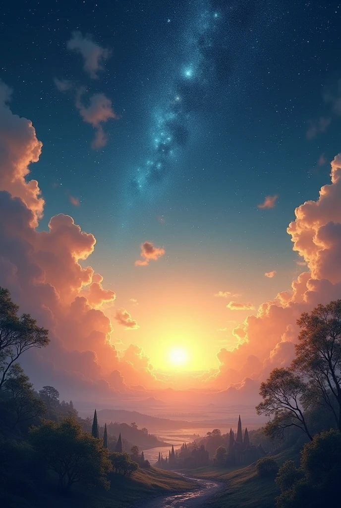 In the fairy tale world, at the moment of dawn, there is a golden sunrise on one side and a sky full of stars on the other