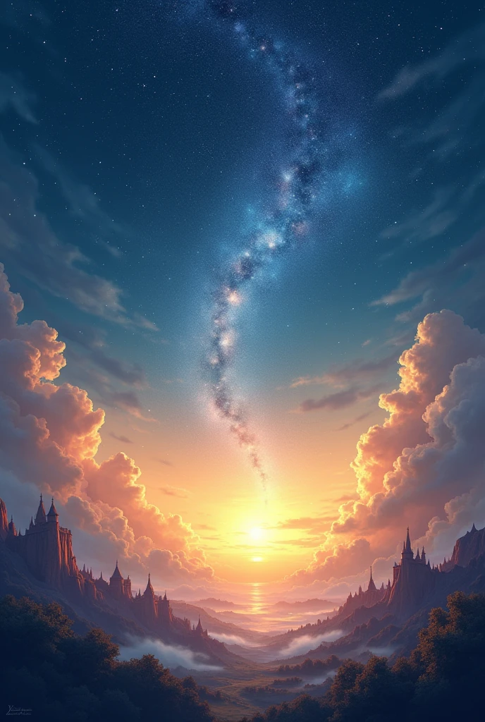 In the fairy tale world, at the moment of dawn, there is a golden sunrise on one side and a sky full of stars on the other