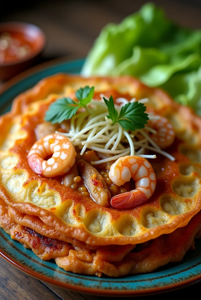 Vietnamese Bánh Xèo - A crispy, savory pancake filled with shrimp, pork, and bean sprouts, served with lettuce and herbs.