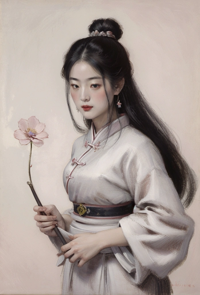 head of&#39;artwork, best, nuit, full moon, 1 female, femme mature, style chinois, Ancient China, Older sister, Royal sister, cold face, Sans expression, Woman with long silvery white hair, pale pink lips, tranquil, intellectuel, Three belts, Hitomi grise, assassin, dagger, flower ball background, street view