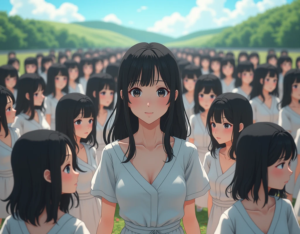(((((Japanese Clone girls=Myself)))))), (((best masterpiece Clone girls Raw Photography Art))), (16K, Highest quality, Ultra-high resolution, RAW Photos), (((Unrealistic, Unparalleled depiction, An unbelievable sight, Unprecedented and shocking, In a world where myselves are multiplied, Ultra-realistic))), (((Japanese, woman, 26yo, Sasaki Nozomi))), (Small face, ((Thick black hair, Semi-long hair))), ((V-neck short-sleeve dress)), (((((Very beautiful detailed girls, Accurate body structure, Very detailed完璧な, A super busty body with very large breasts, Great proportions, super big breasts, Big, voluptuous breasts, The cleavage is very plump and emphasized))))), (((Dark Eyes, Mature face, Cute Smile, A gentle gaze, ((Very happy laughter))))), ((((((((Very detailedcloning描写, ((1Myself→cloning→1,000,000,000,000,000,000,000,000Myself)))))))))), ((((((((Very detailed, 寸分違いない緻密なMyself multiplication描写の, ((With the same perfectly MySelf body, With a face that is exactly the same as Myself, With the exact same hairstyle as Myself, In the exact same clothes as Myself, Perfectly the same height as Myself, The same super big breasts as Myself)))))))))), (((Myself only))), (((Very detailed, Myself multiplication, 1,000,000,000,000,000,000,000,000Myself→100,000,000,000,000,000,000,000,000,000,000,000,000,000,000^1,000,000,000,000,000,000Myself))), (((Very detailed, (An embrace between self, Back to Back, Myself is here!, Fun conversation with others, Happy conversation with myself, Kissing each other anywhere, Doting on Myself, Myself holding hands)))), (Free pose), (Sexual seduction), (((Unbelievably crowded, Close contact between transcendent selves, Countless &quot;myselves&quot; completely surround me in 360 degrees))), (Bright and soft sunlight), (((Very wide field of view, Very detailed, Detailed ultra-perspective depiction with clear depth))), (((((Rural landscape with slopes))))), (((Very photographic and detailed, Myself is infinitely multiplied, filling the gaps and filling the horizon, Myself exists infinitely and it creates a fun atmosphere))), (Focus on the average value of the image)