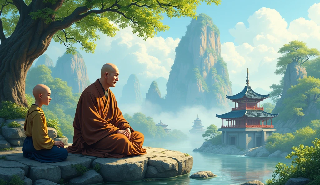 Chinese bald fat monk sensei talking to bald desciple, sitting on stones, beautiful scenario, peaceful, happy, surrounded by temples, in anime style, beautiful trees,