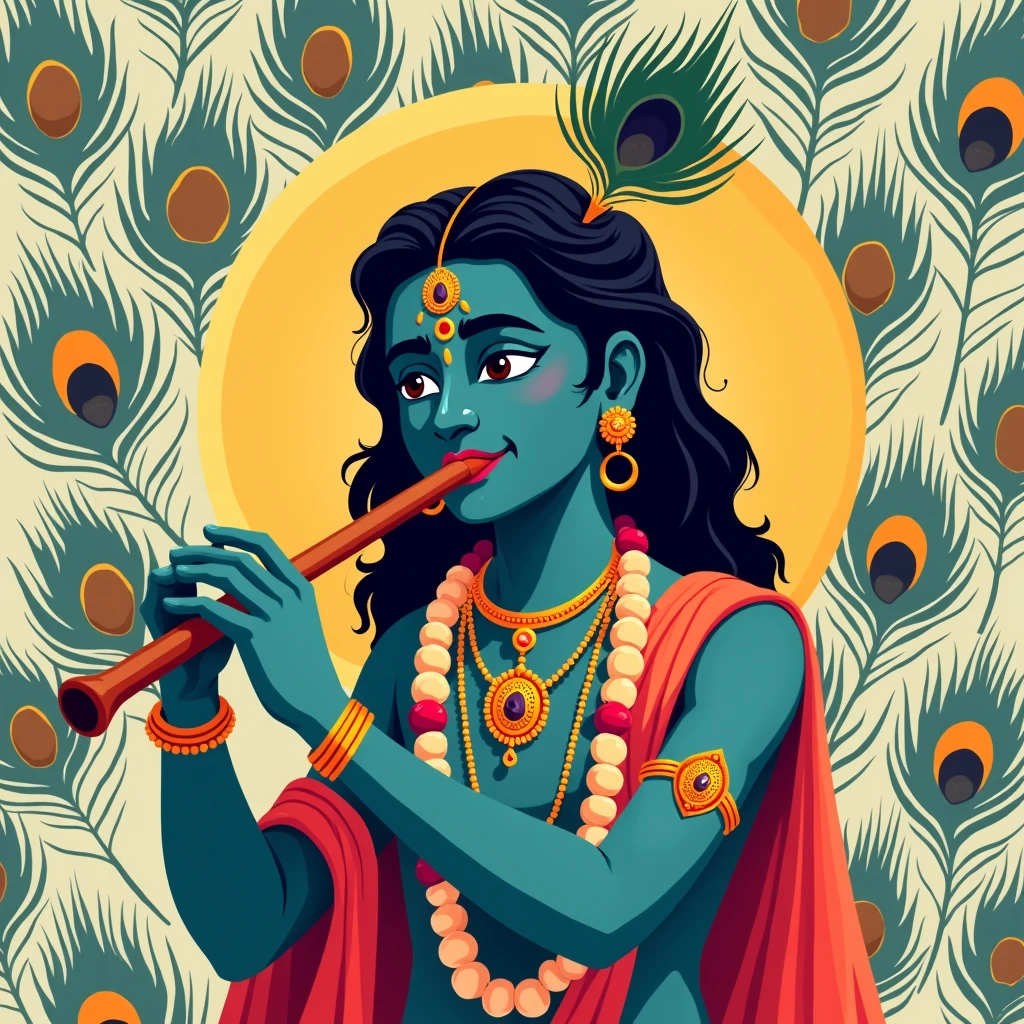 Flat Illustrate psd full image of Lord Krishna with peacock Feather , flute with illustrated peacock Feather  background