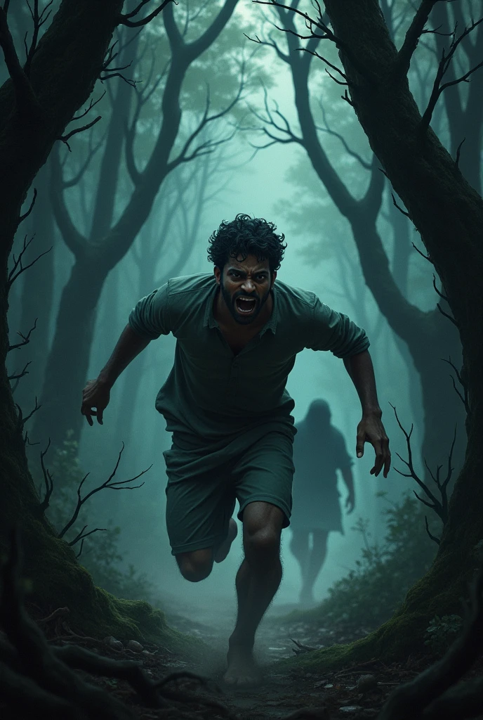 Ravi running through the dark forest, his face filled with terror. The forest seems to close in on him as he dashes towards the light of the village in the distance. The shadowy figure of the girl is barely visible behind him.