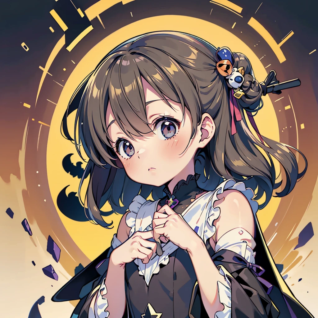 1girl,(((Perfect Anatomy、Perfect human body、Highest quality、Masterpiece、Super detailed、X Composition、S composition、Square Composition、Triangular composition、Award-winning works)))、cute、Palette of pastel colors、Trick or Treat、Pumpkin carriage、Big Wizard Hat、Black Cape、Black dress、Absurd、The fantastic world of Halloween、neon lines、Background is gold accessories、Charm、白いcuteおばけ、