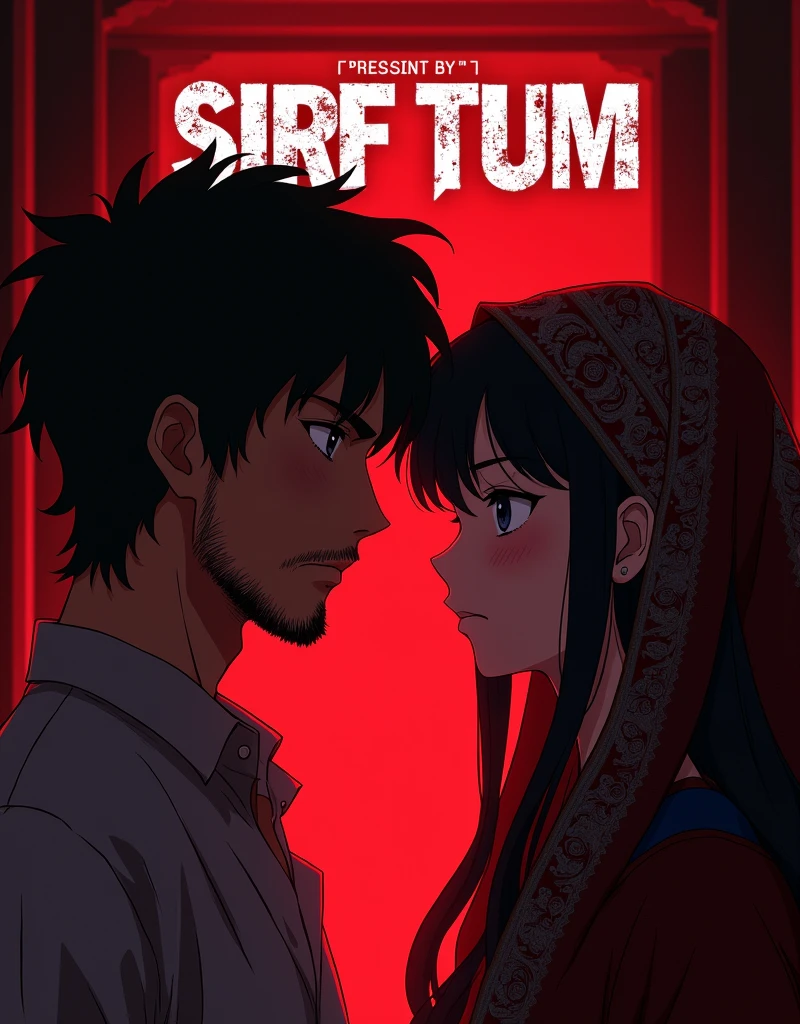 Create a anime style landscape Poster image. Dramatic movie poster featuring two individuals in an intense, close-up moment. The layout is vertical with the capital title '(SIRF TUM)' prominently displayed at the top in bold, distressed white text with a slight shadow effect, must be add text ""present by 'Aura Insight' "". The background is a deep red gradient, adding to the dramatic effect. The male on the left has medium-length, tousled hair, a beard, and a serious expression, wearing a light-colored shirt. The female on the right has fair skin, dark hair, and is wearing a traditional, intricately embroidered headscarf with floral patterns. Both characters are gazing into each other's eyes, creating a sense of tension and emotion. The background features a dimly lit architectural structure, adding depth to the scene. 4k, UHD, ULTRA HIGH QUALITY, FULL HD.