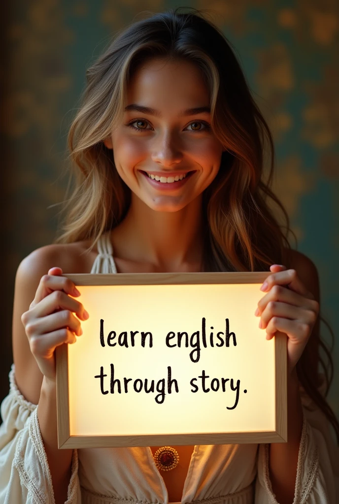 Beautiful girl with heart-warming smile and wavy long hair, bohemian dress, holding a white board with text "learn English Through Story" and showing it to the viewer, the board is glowing with  the text.