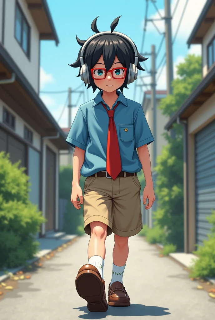 a boy with medium length hair, thesis clara, light brown shorts, Formal but oversized diaper blue shirt, half open and poorly placed, red tie half open, Brown loafers shoes shiny like patent leather with cute white embroidered socks, and on his head a grey headset and some small red square glasses, like those from the 90s. The boy is walking in an alley in the suburbs of Japan