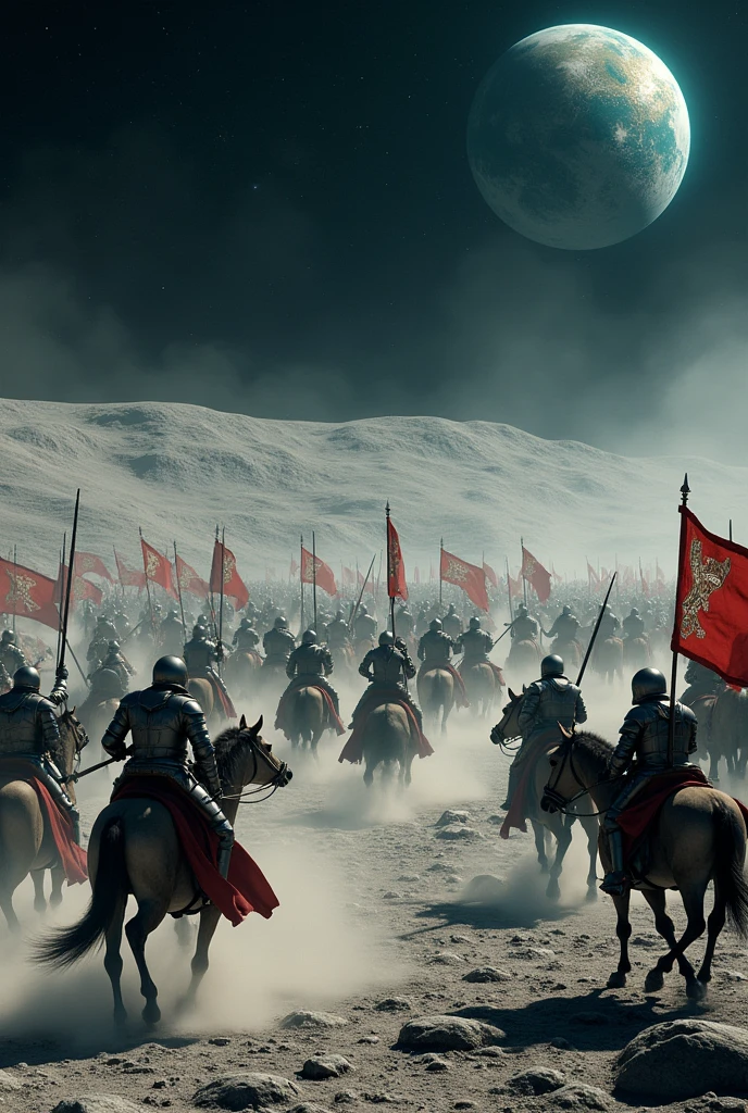(photorealism:1.2) medieval battle on the moon
