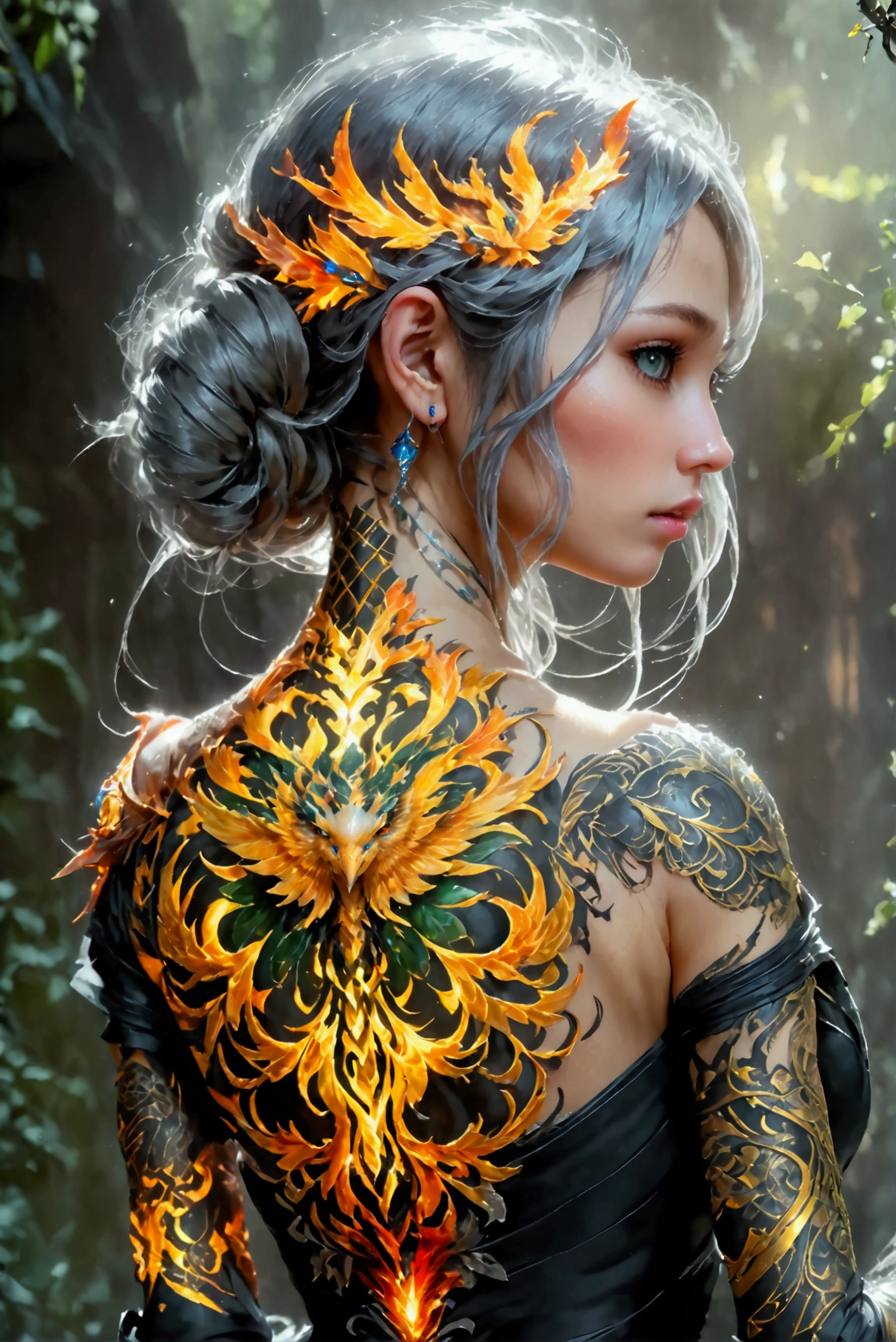 watercolor art, fantasy art, goth art, a picture of a tattoo on the back of a female elf, a glowing tattoo of a ((phoenix: 1.3)) on the elf's back, the ((phoenix tattoo)) is vivid, intricate detailed coming to life from the ink to real life, ((fire surrounds the phoenix: 1.5)), shoot taken from the back, ((the back is visible: 1.3), a most beautiful elf, exquisite beauty, small pointed ears, long hair,  she wears a transparent black dress, the dress is elegant, flowing, elven style, that the tattoos glow, dynamic hair color, dynamic hair style, cinematic light, High Detail, Ultra High Quality, High Resolution, 16K Resolution, Ultra HD Pictures, 3D rendering Ultra Realistic, Clear Details, Realistic Detail, Ultra High Definition,Comistyle, faize, art by mooncryptowow