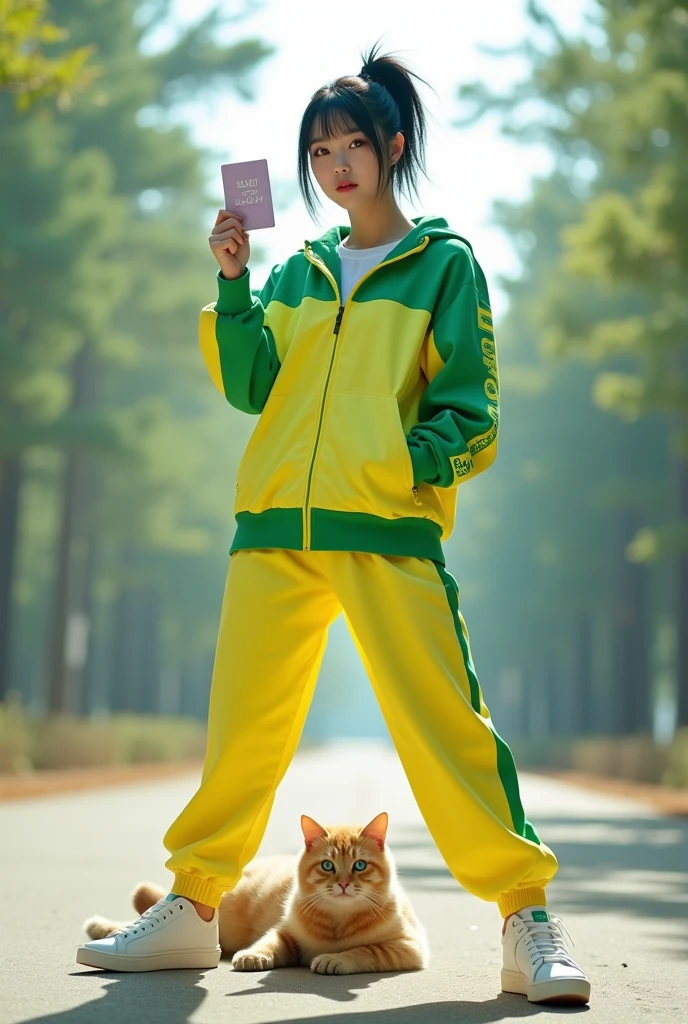 Full-body photo of a korean young woman holding out his hand fucking to present a hand with short ponitail black hair, blue eyes, riding style  a big giant a cat on the floor in a cool pose. Strong wide angle photography effect. She is dressed in an electric-yellow and green tracksuit and wears high-top white sneakers. She is isolated against a light forest background and gestures a card to the camera in front of her. professional photography, sharp focus, intricate details, wide angle, fisheye --ar 39:64 --v 6.1