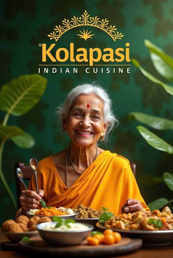 banana leaf background with a happy beautiful old lady with restaurant name kolapasi indian cuisine with tag line fuel your hunger and thali with items