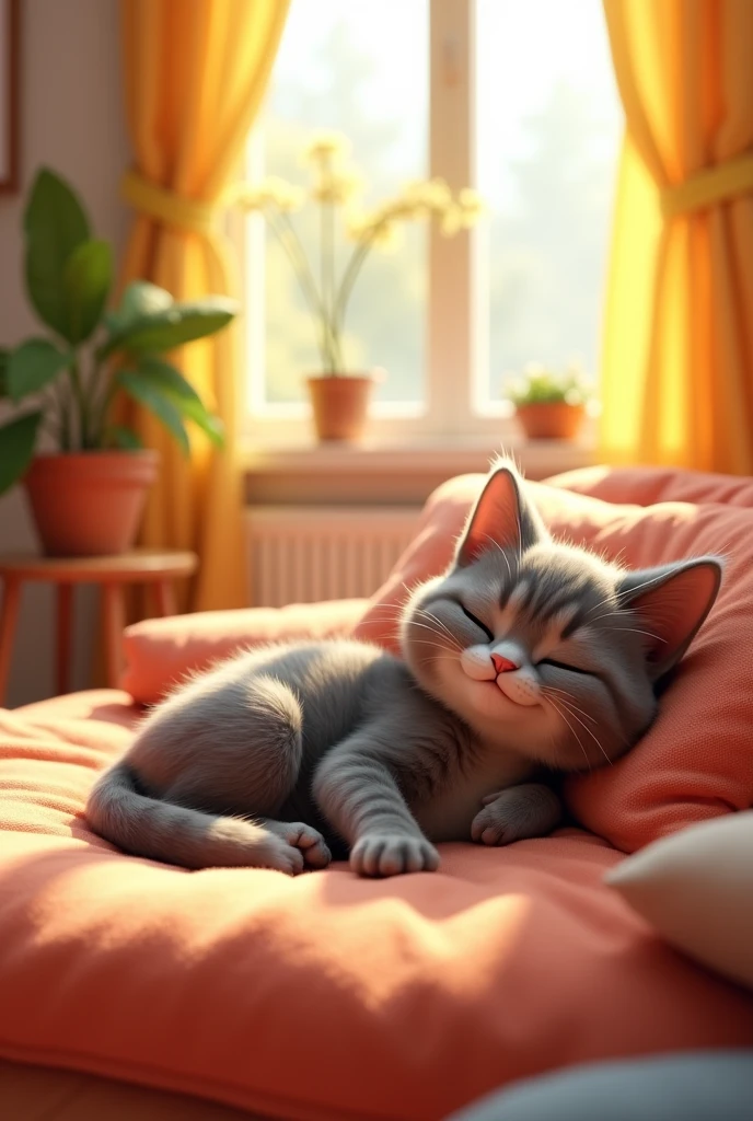 With a 3d Pixar Animation,A happy gray tabby cat lying on a soft bed by a sunlit window in a cozy, colorful living room.
"The should be sits nearby the cat in the picture, smiling, while sunlight fills the room with warmth."
The should be here