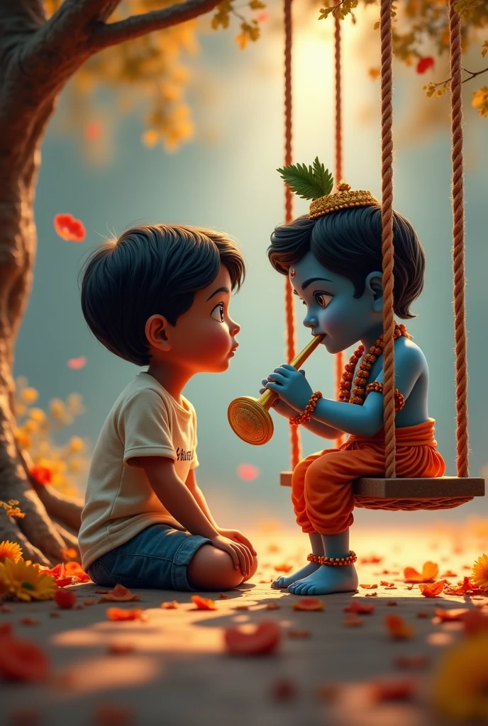 create a 3D realistic picture "A boy is worshiping Shree Krishna and Shree krishna is sitting on a swing and playing flute and " vn choudhary " is written on the boy's t-shirts and the boy is worshiping and in the background "Happy Janmashtami" is written in bold font clearly, make sure everything should be correct