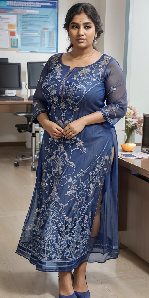 Day scene, A radiant, full-figured South Indian 3 aunty a brown colour chiffon fully transparent kurta, bra visible through kurta, ,standing, in a office captured in a full-body image with vibrant hues and meticulous details. Full body image