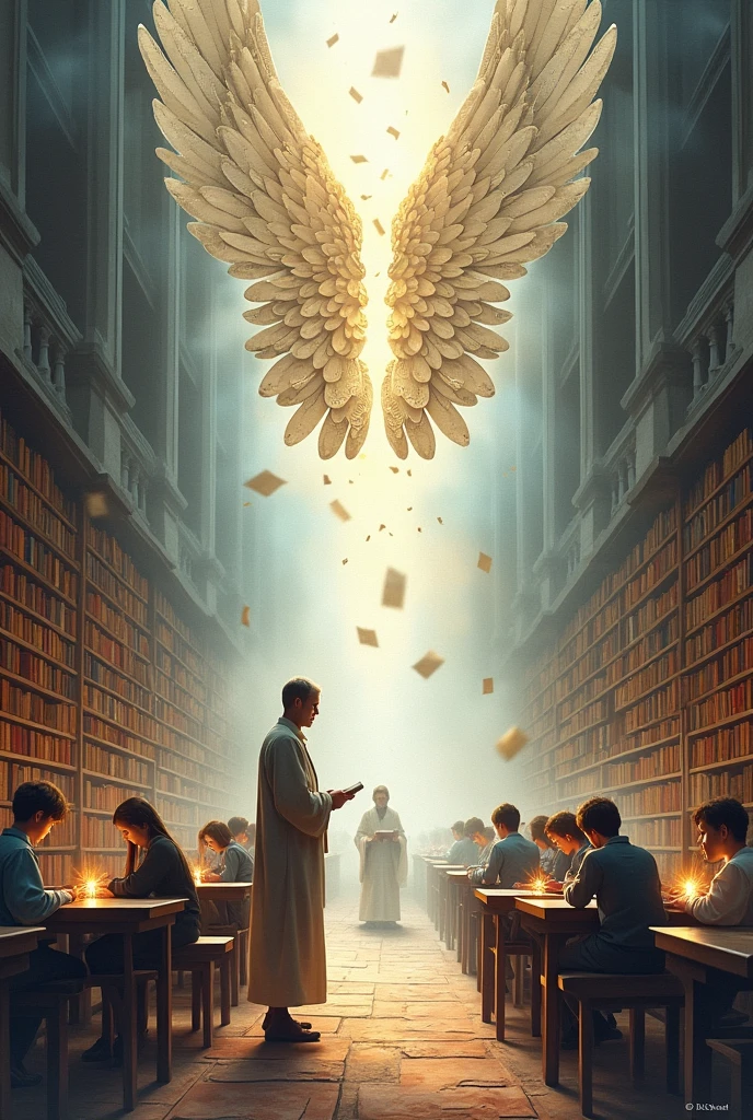 library,Book , knowledge,wing made of latters,
students,and wise teacher
reading book as watercolour drawing