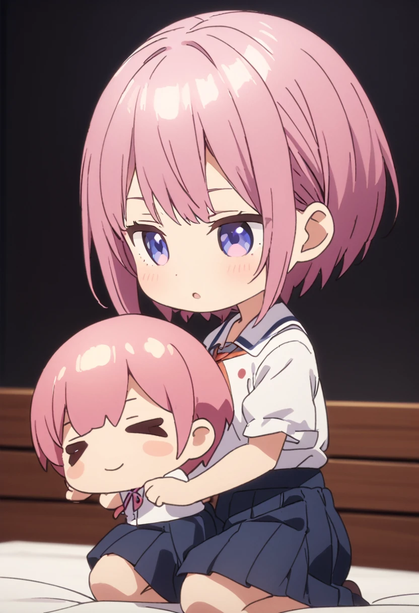 (Highest quality, 4K, 8k, High resolution, masterpiece:1.2), Very detailed, Picturesque, Animated Photography, Photo Animation:1.37)、Japanese schoolgirl、(Pink Hair)、(Pixie Cut)、(chibi:1.4),white shirt、short pants、sitting on bed、kneeling、Full body photography、Nakano ichika
